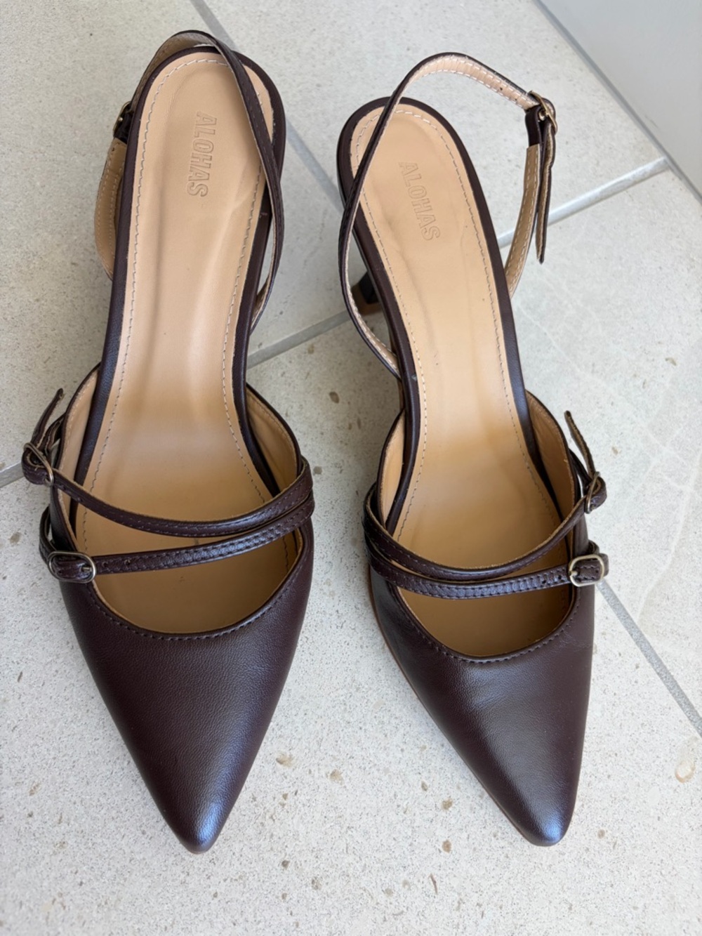 ALOHAS Dark Brown Pointed Slingback Heels - Picture 2 of 5